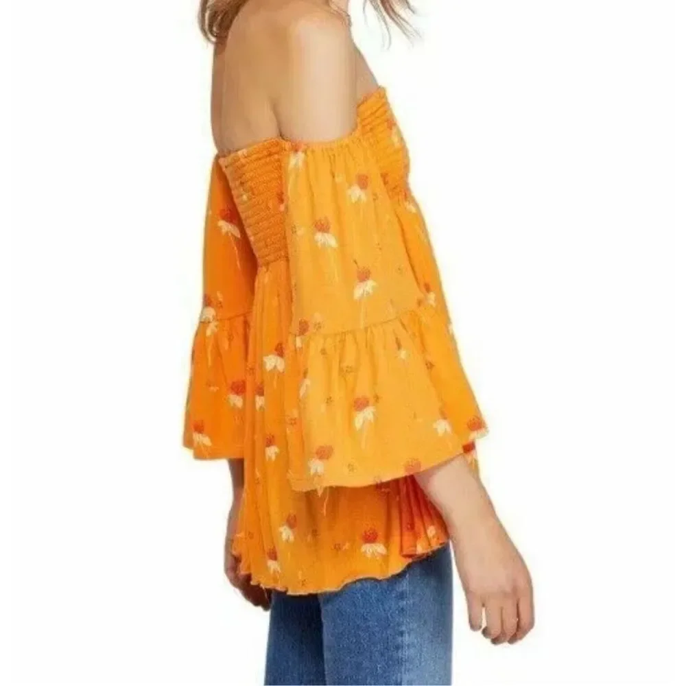 Free People Womens Lana Orange Floral Smocked Blouse Top size S